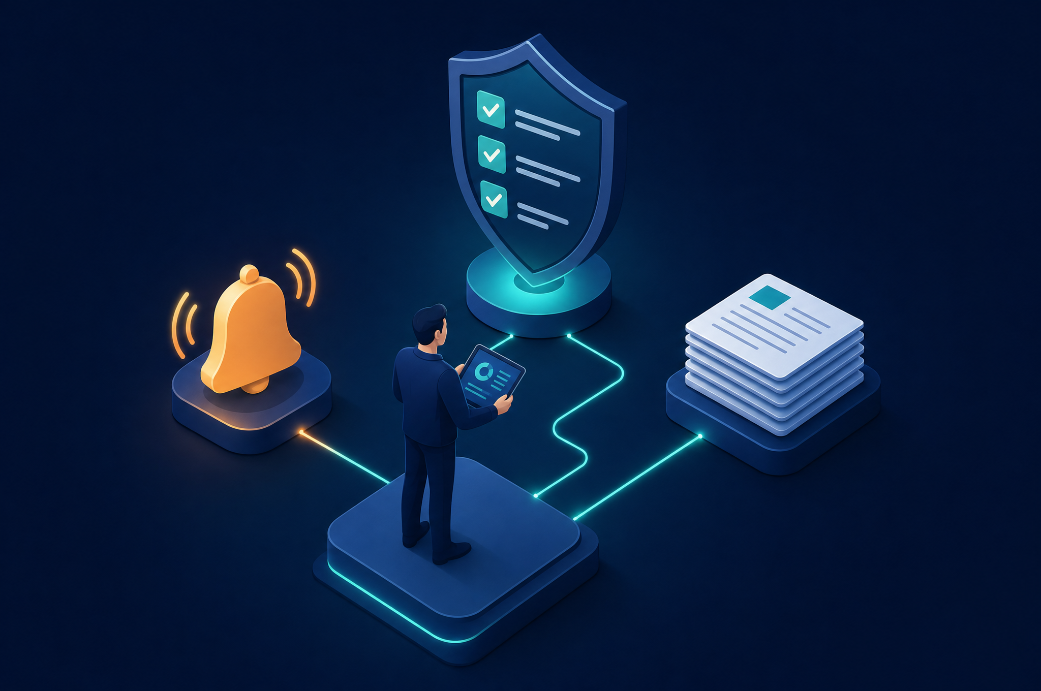 Isometric illustration representing the Fiduciary admin dashboard for notice and breach management