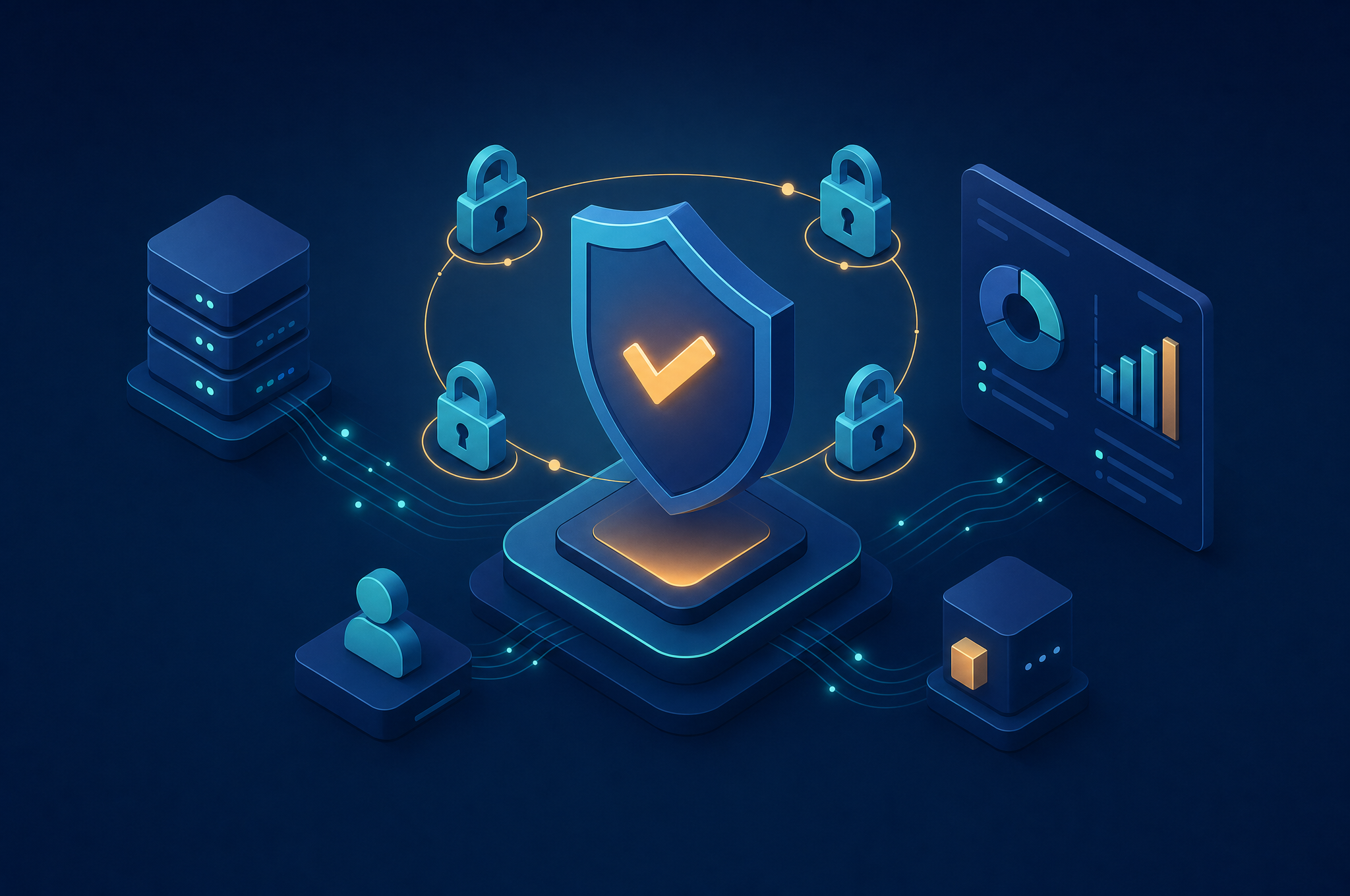 Isometric illustration of a digital privacy compliance dashboard