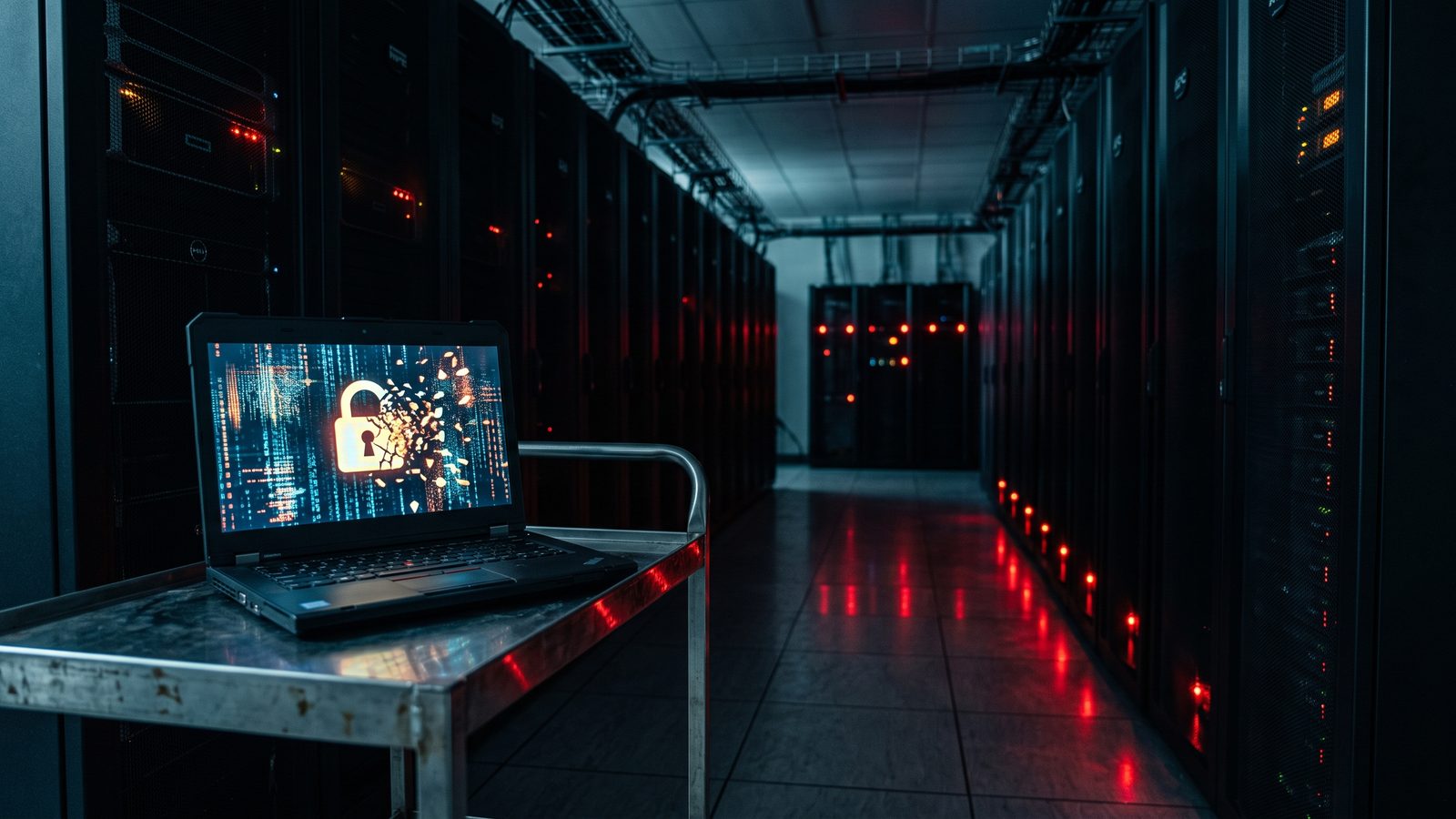 A laptop displaying a shattering padlock icon inside a dim, red-lit data center corridor