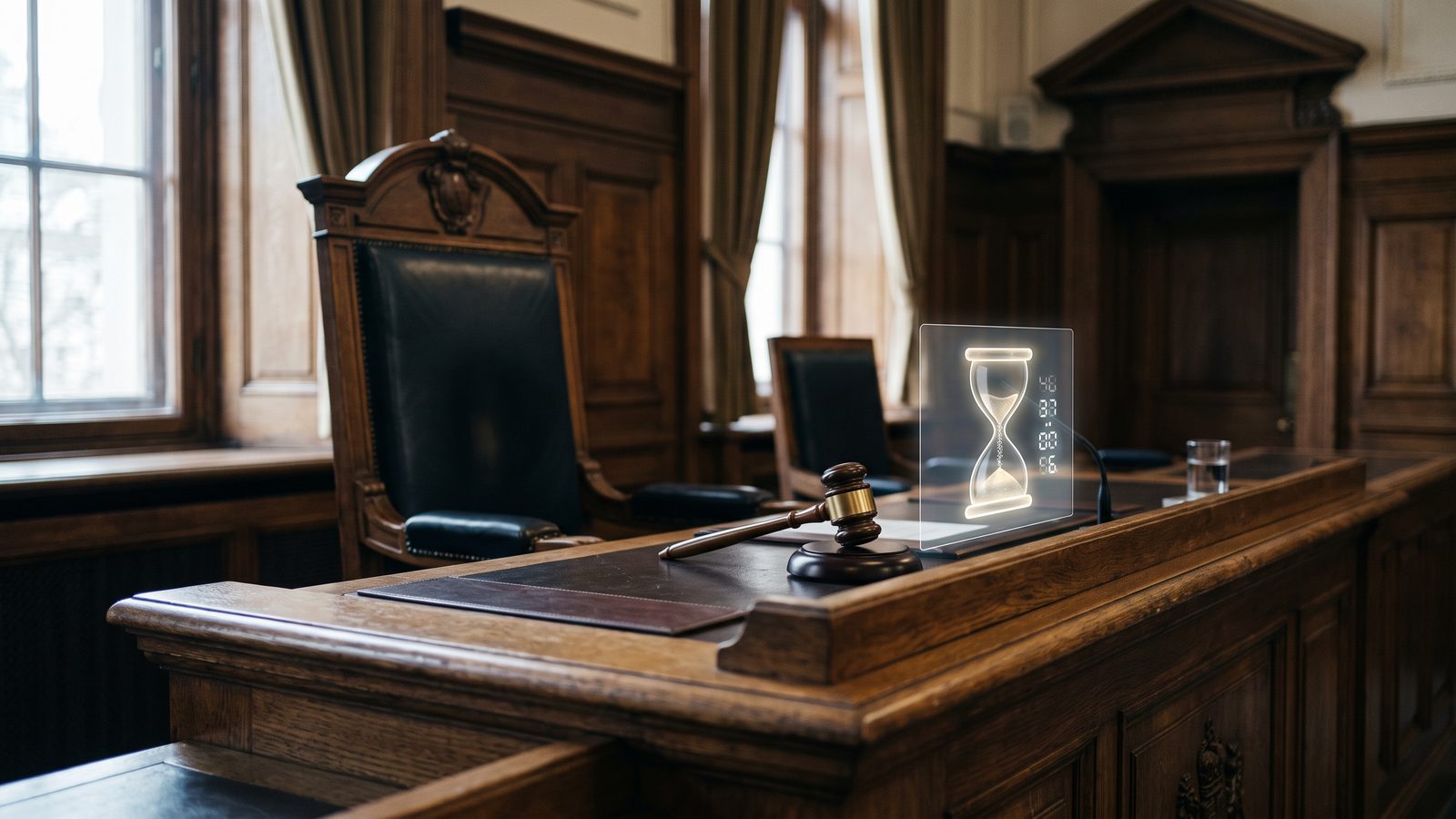 An empty tribunal chair beside a gavel and a glowing digital countdown hologram