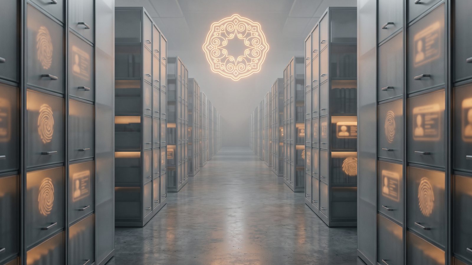Rows of glowing translucent filing cabinets holding digital identity records