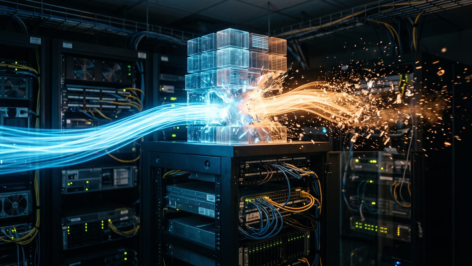 Two colliding data streams, one archiving and one dissolving, above a server rack