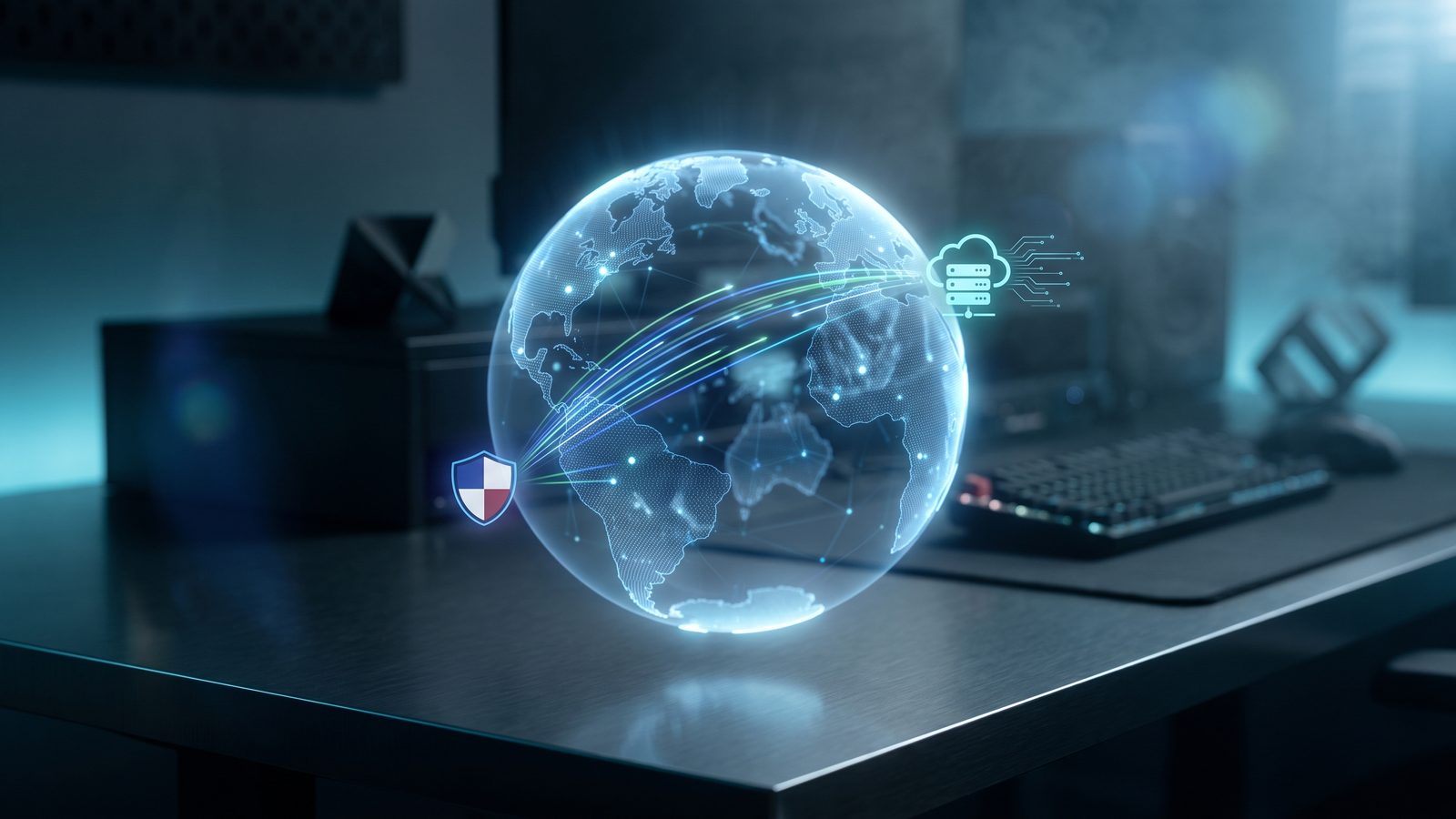 A glowing globe hologram with data arcing between a shield icon and a cloud server