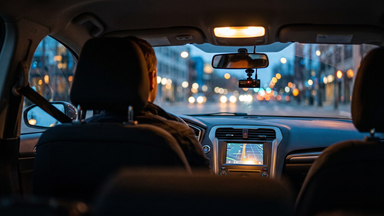 A dashboard camera with a red recording light glowing inside a car at dusk