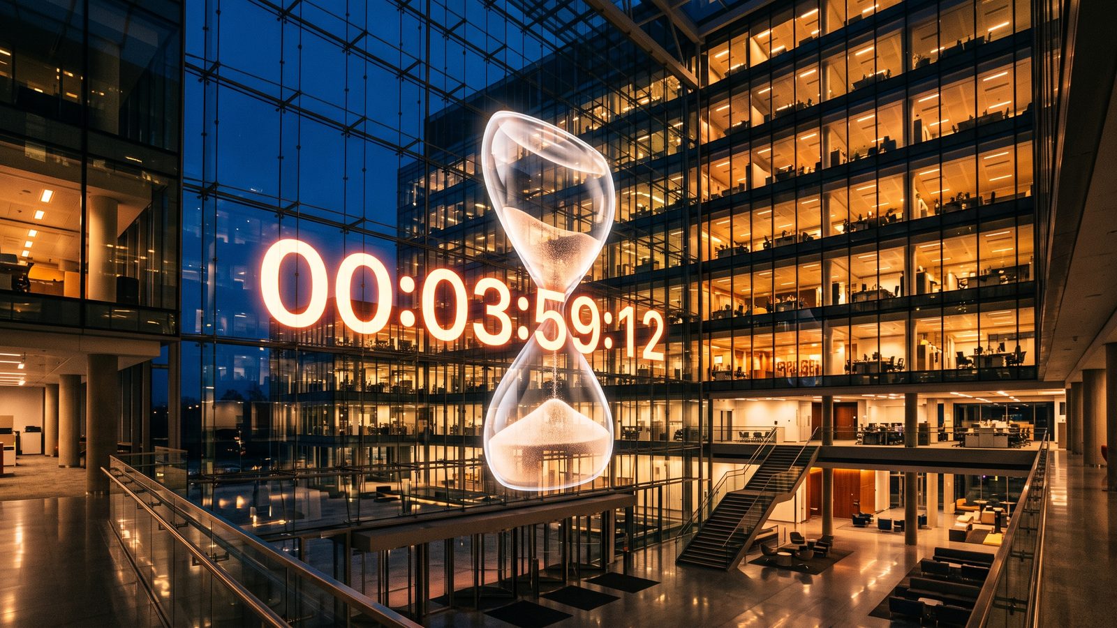 A glass office tower atrium with a giant digital countdown hourglass overlay