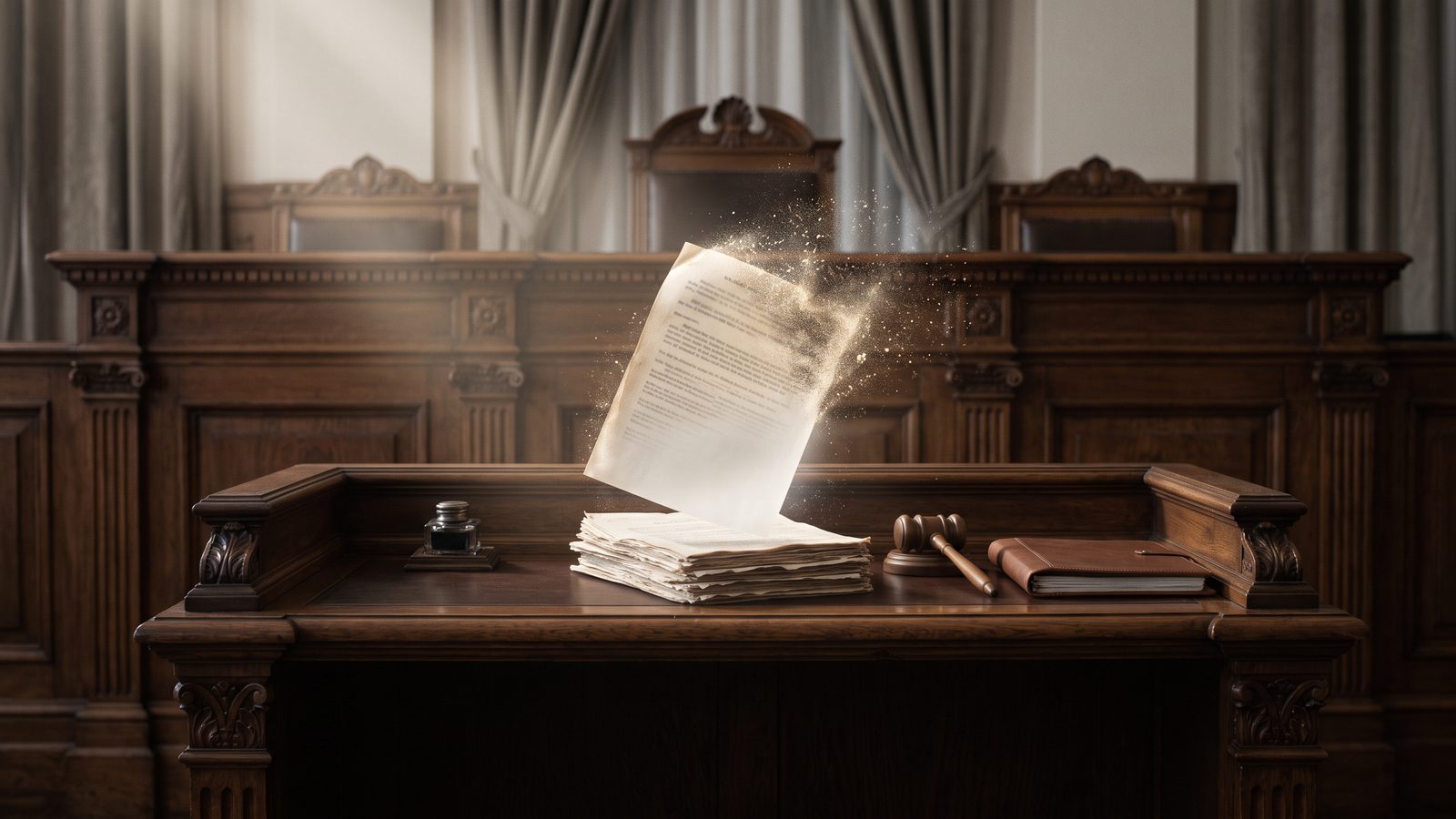 An empty courtroom bench with a document dissolving into glowing particles