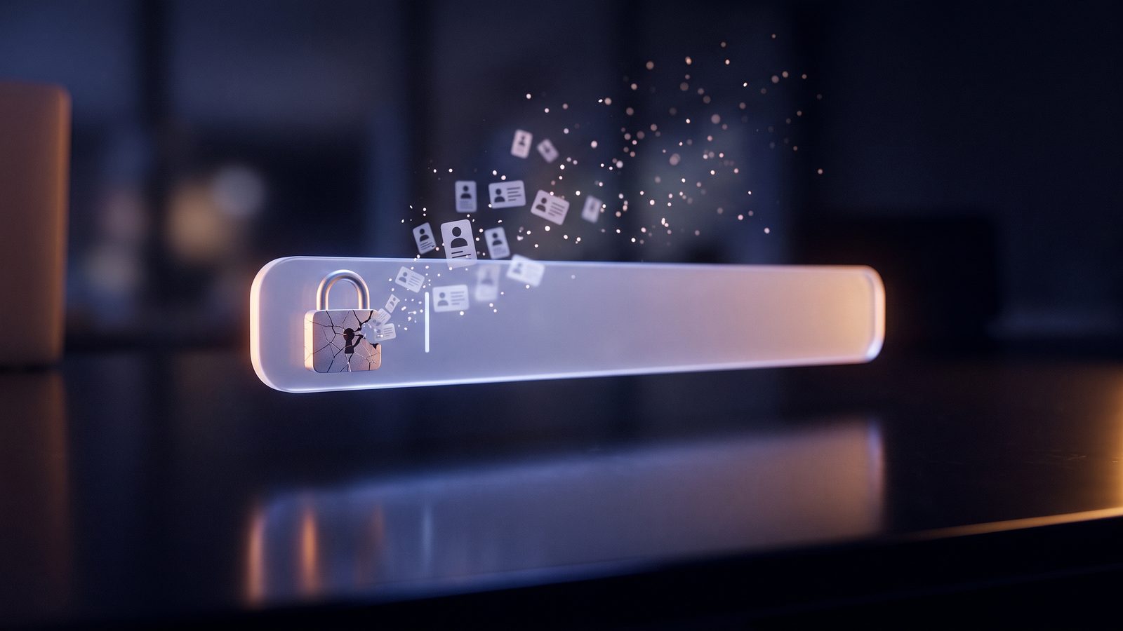 A glowing browser address bar with a padlock cracking open to release data