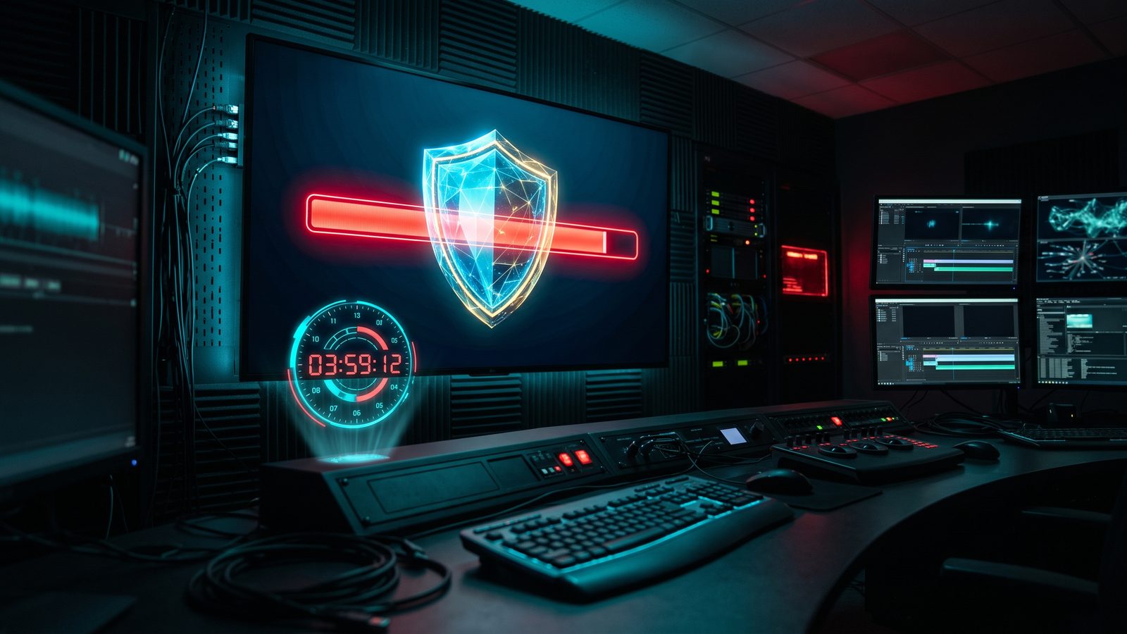 A moderation room screen displaying a shield icon over a countdown timer