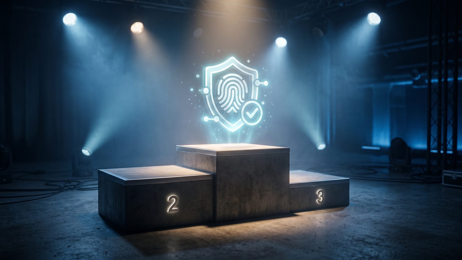 A spotlighted podium with a glowing digital identity-verification badge icon