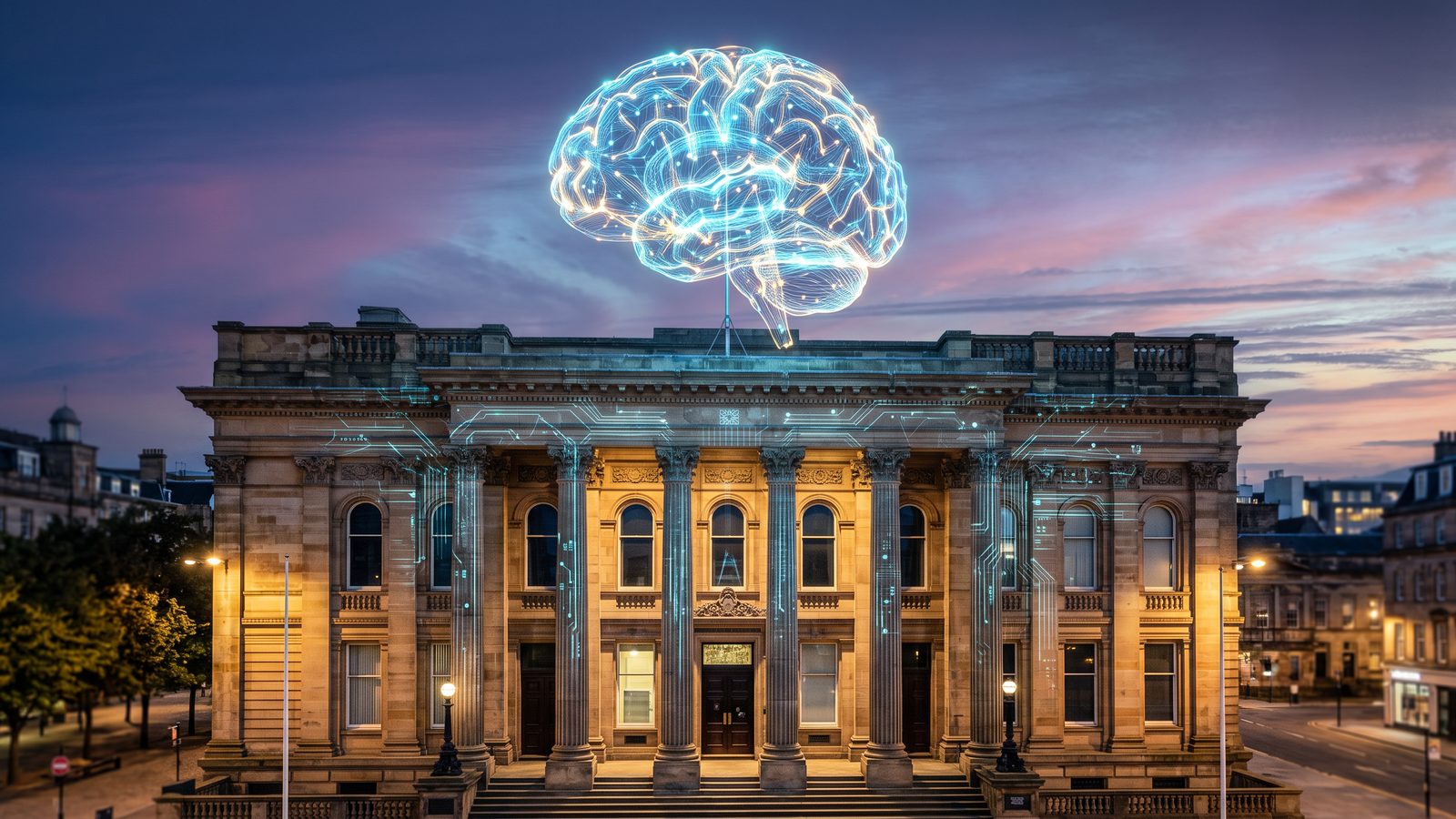 A glowing neural-network hologram suspended above a classical bank facade