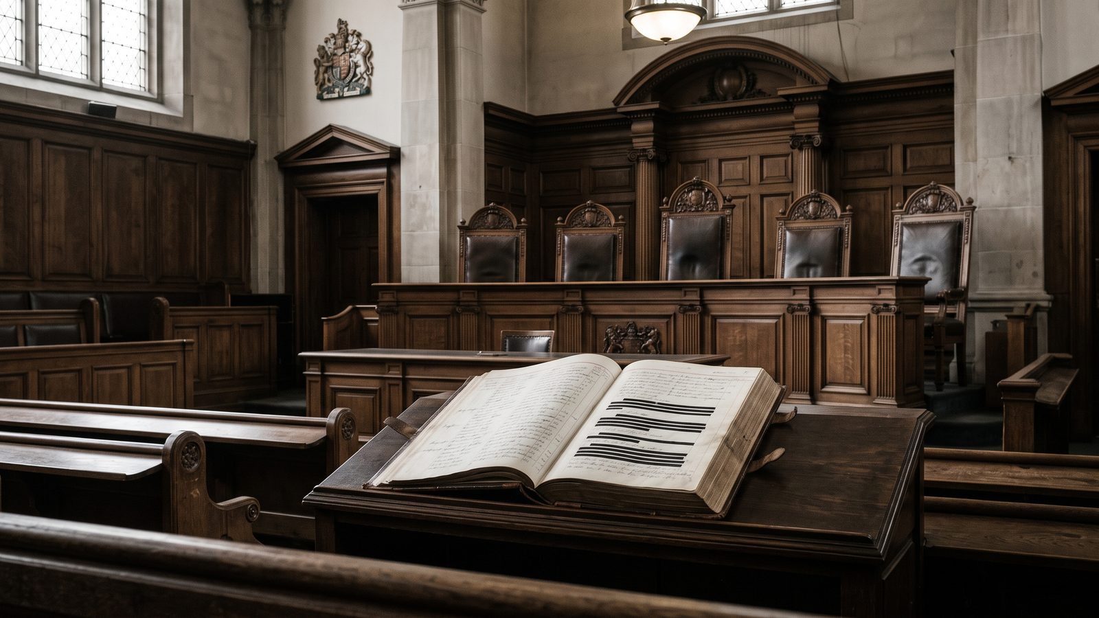 An empty five-seat judicial bench beside a ledger with redacted black bars