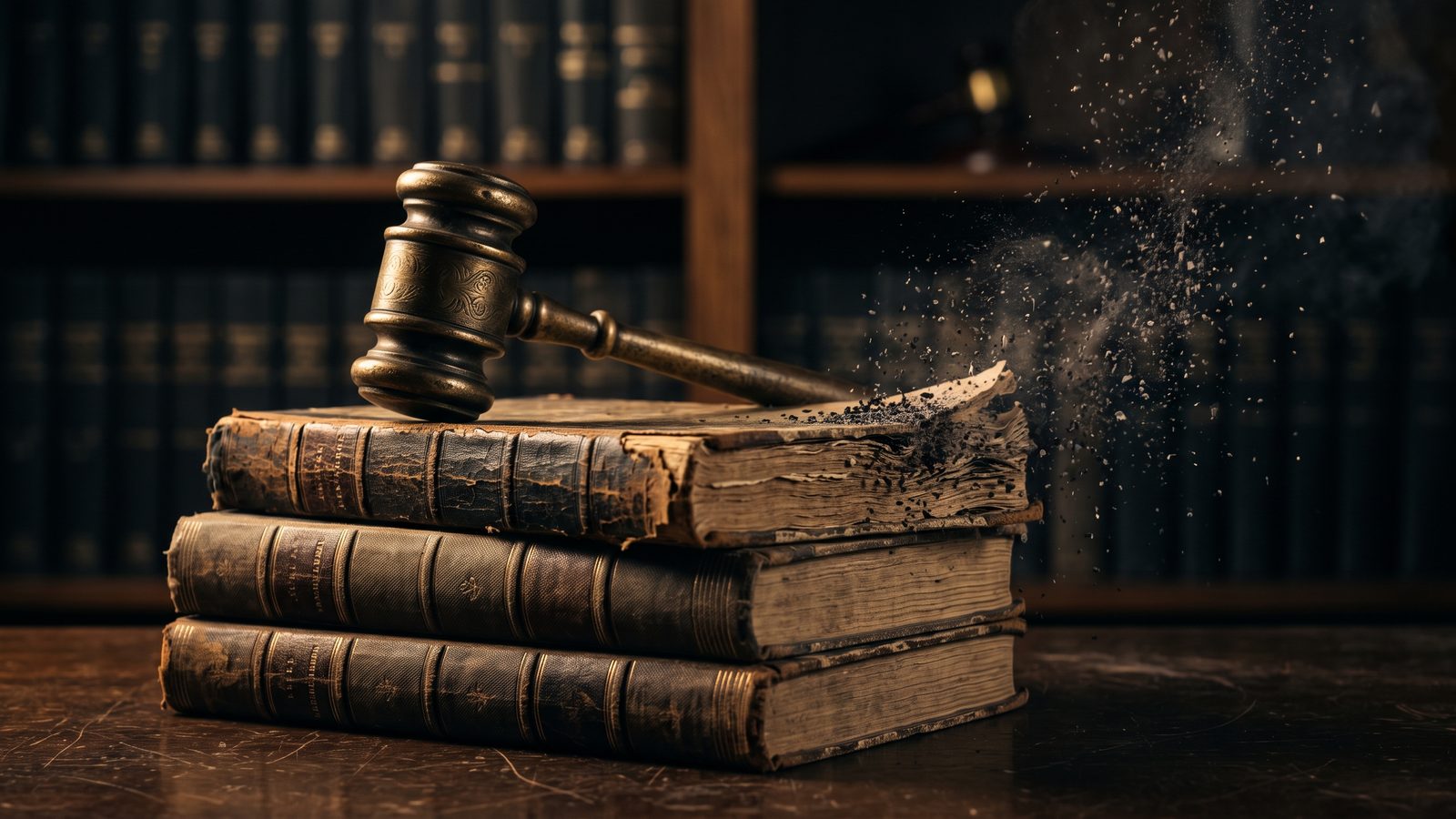 A gavel resting on ledger books whose pages dissolve into drifting ash