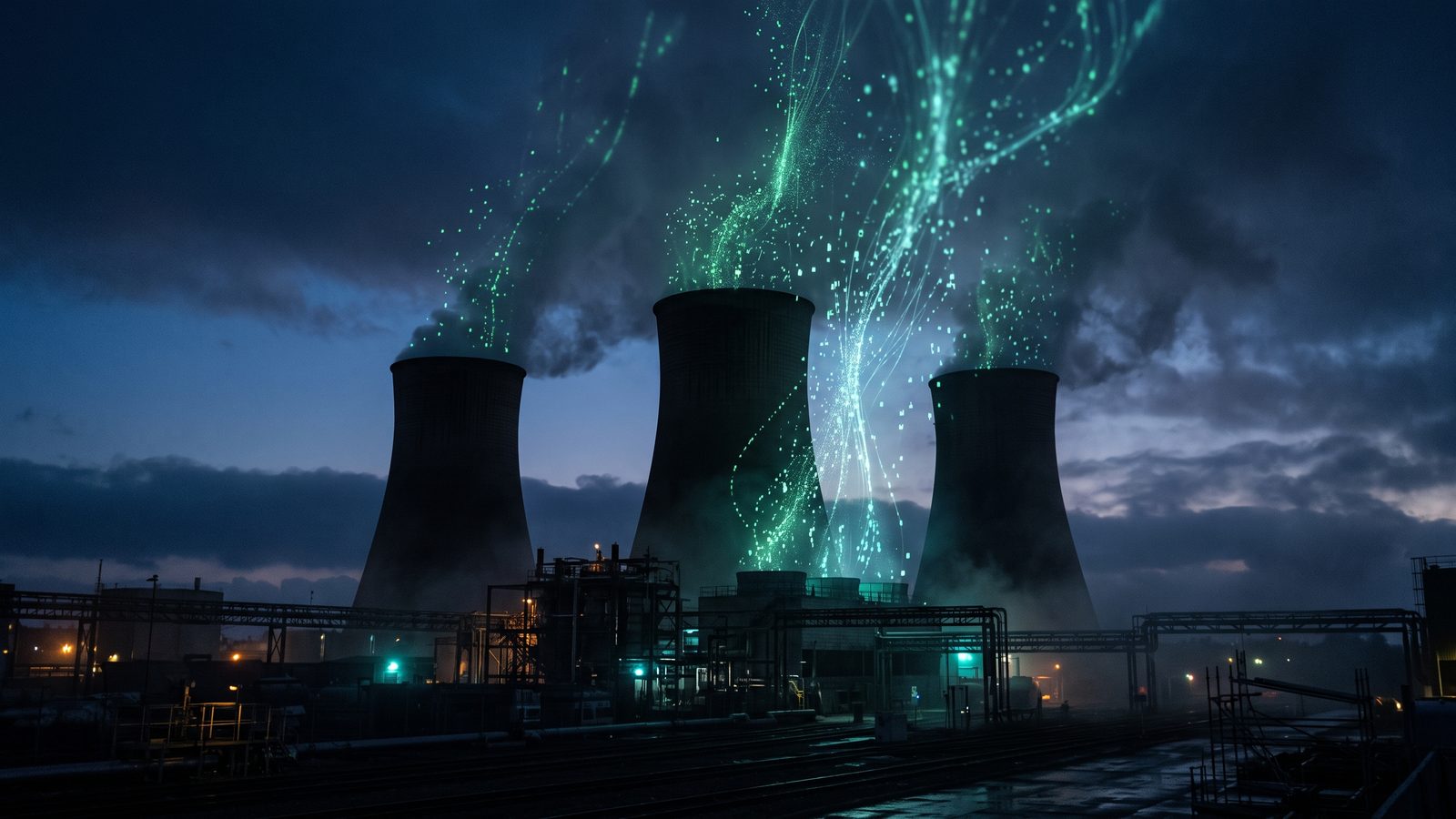 Industrial cooling towers at dusk with faint green data-leak particles rising