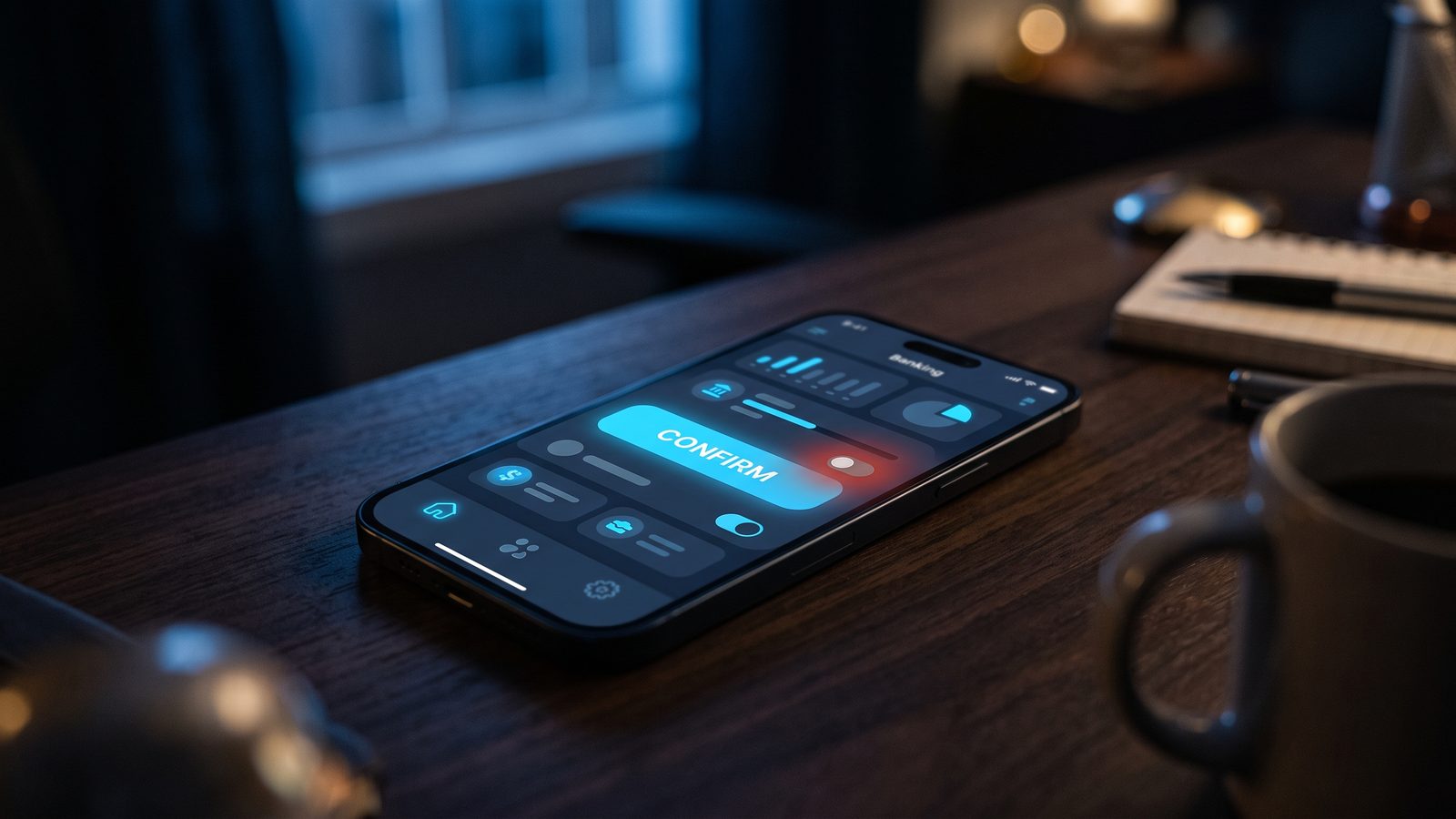 A banking app screen with a tiny hidden toggle behind an oversized confirm button