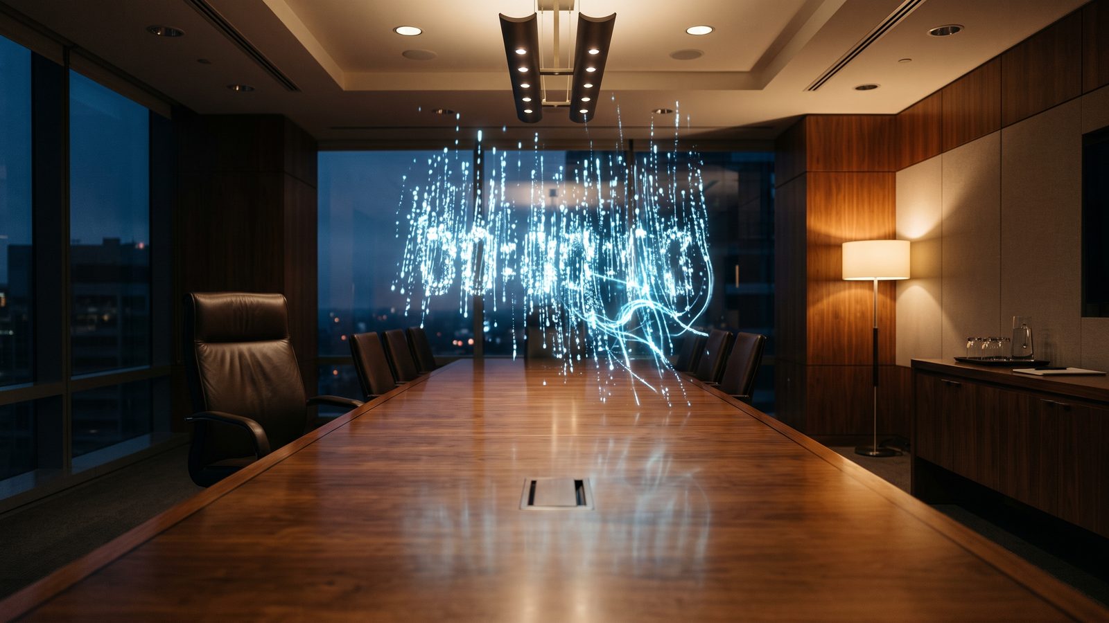 An empty boardroom chair beneath a falling digital countdown hologram