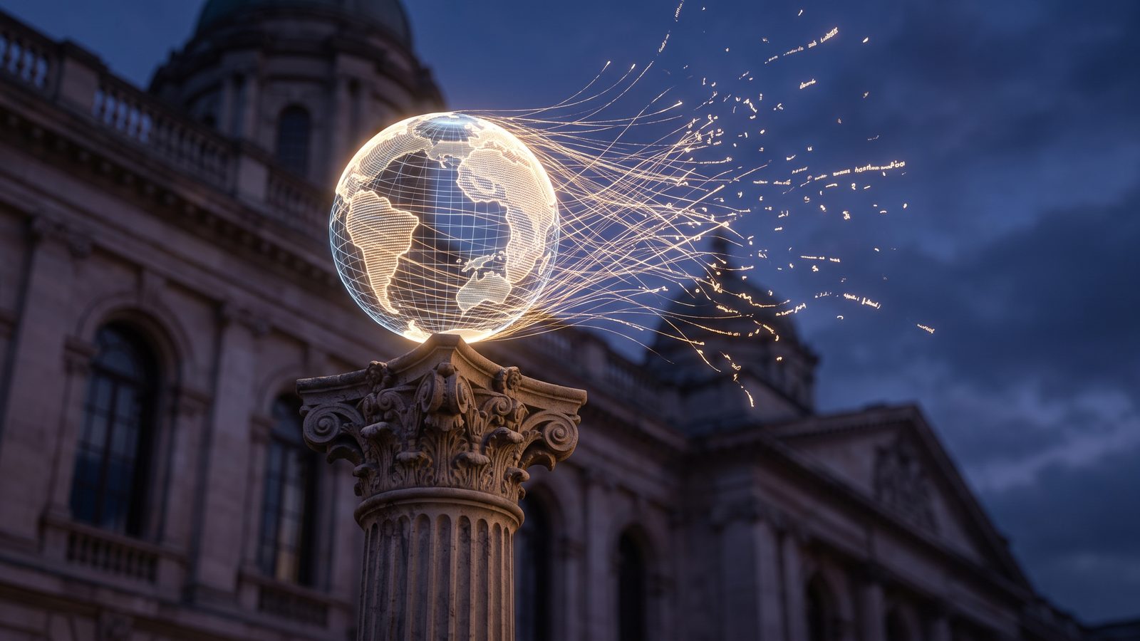 A web globe icon beside a courthouse pillar losing glowing contact data strands