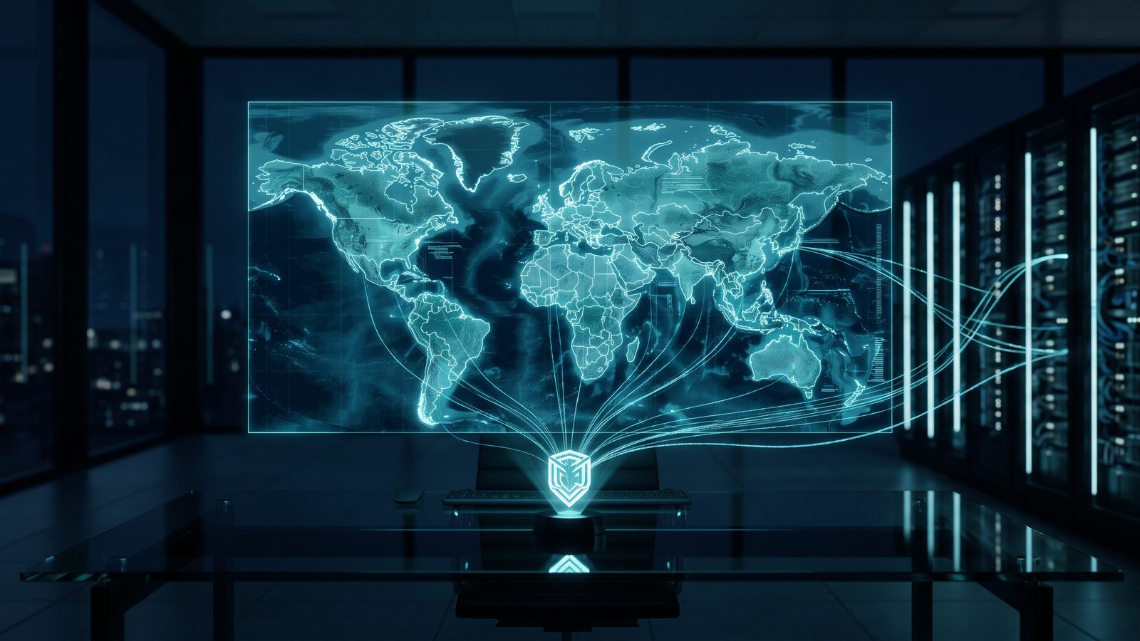 A world map hologram with legal-reach light tendrils crossing to distant servers