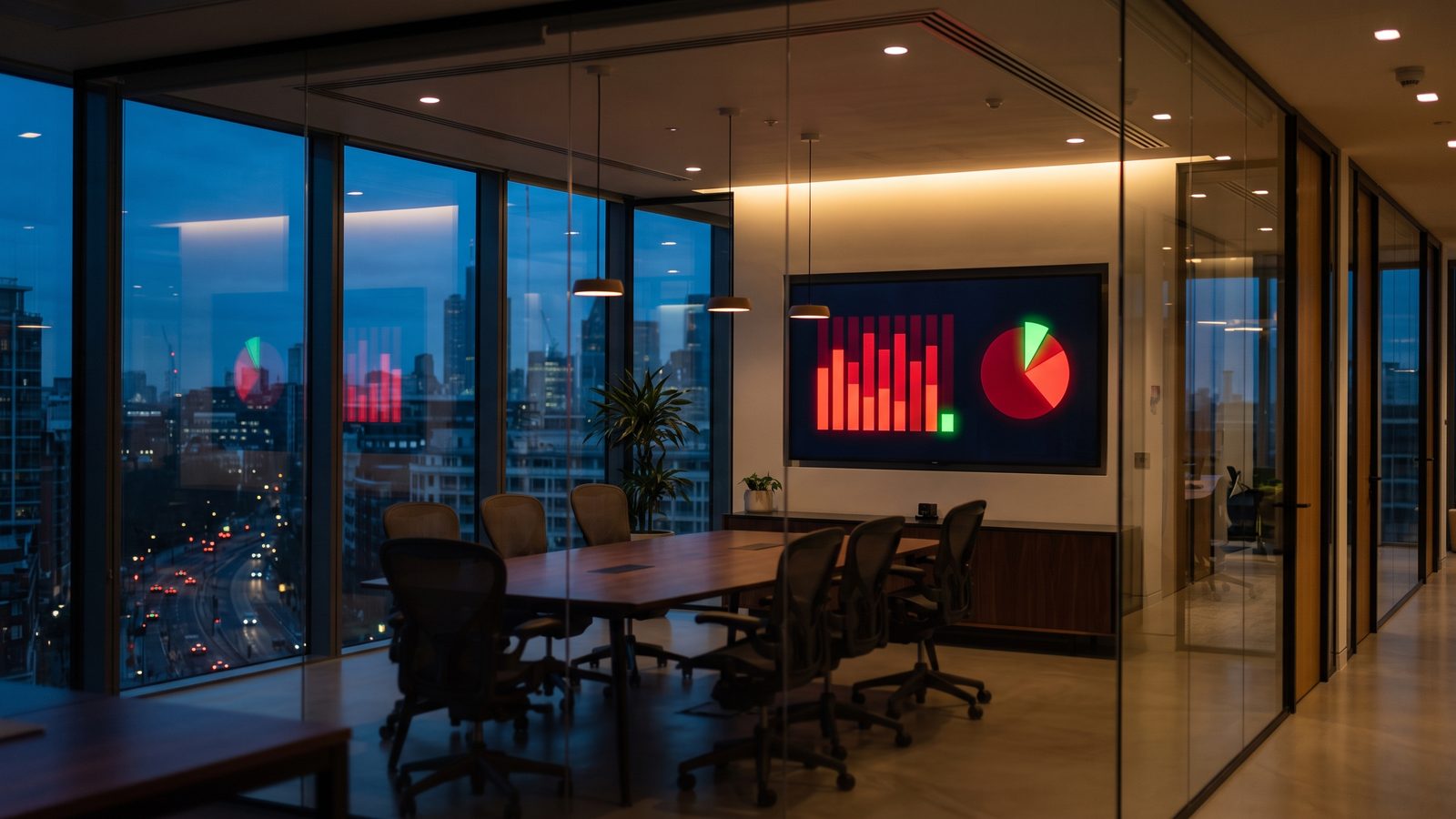 An office dashboard screen showing mostly red compliance chart segments