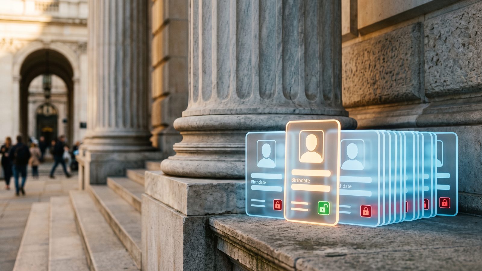 Glowing student ID card icons beside a courthouse pillar, one unlocked