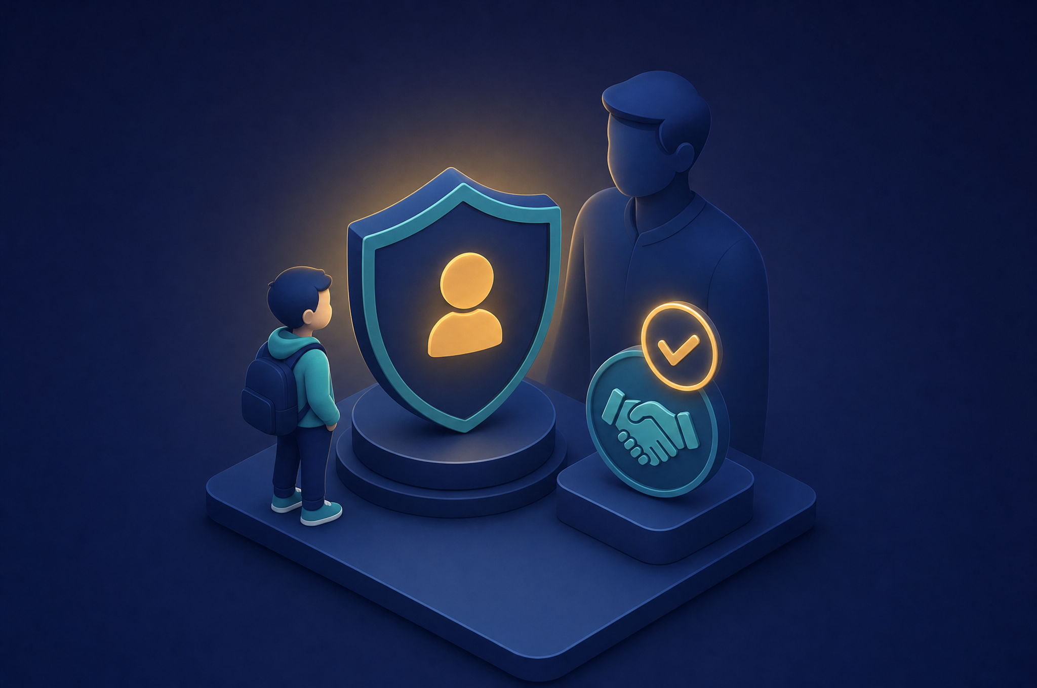 Illustration of a child figure beside a shield with a parent figure and an approval checkmark, representing age-gating and parental consent for minors