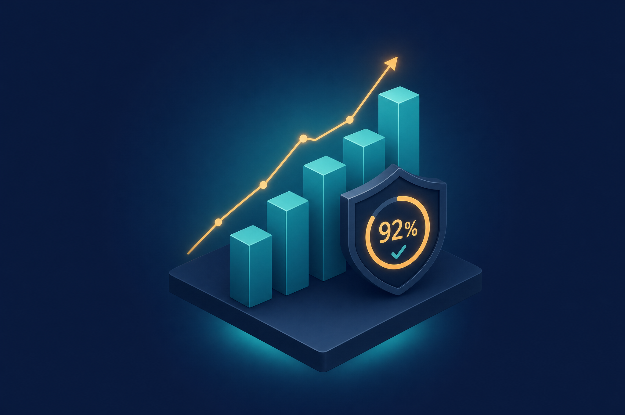 Illustration of a bar chart, trend line, and a shield badge with a percentage score, representing a compliance analytics dashboard