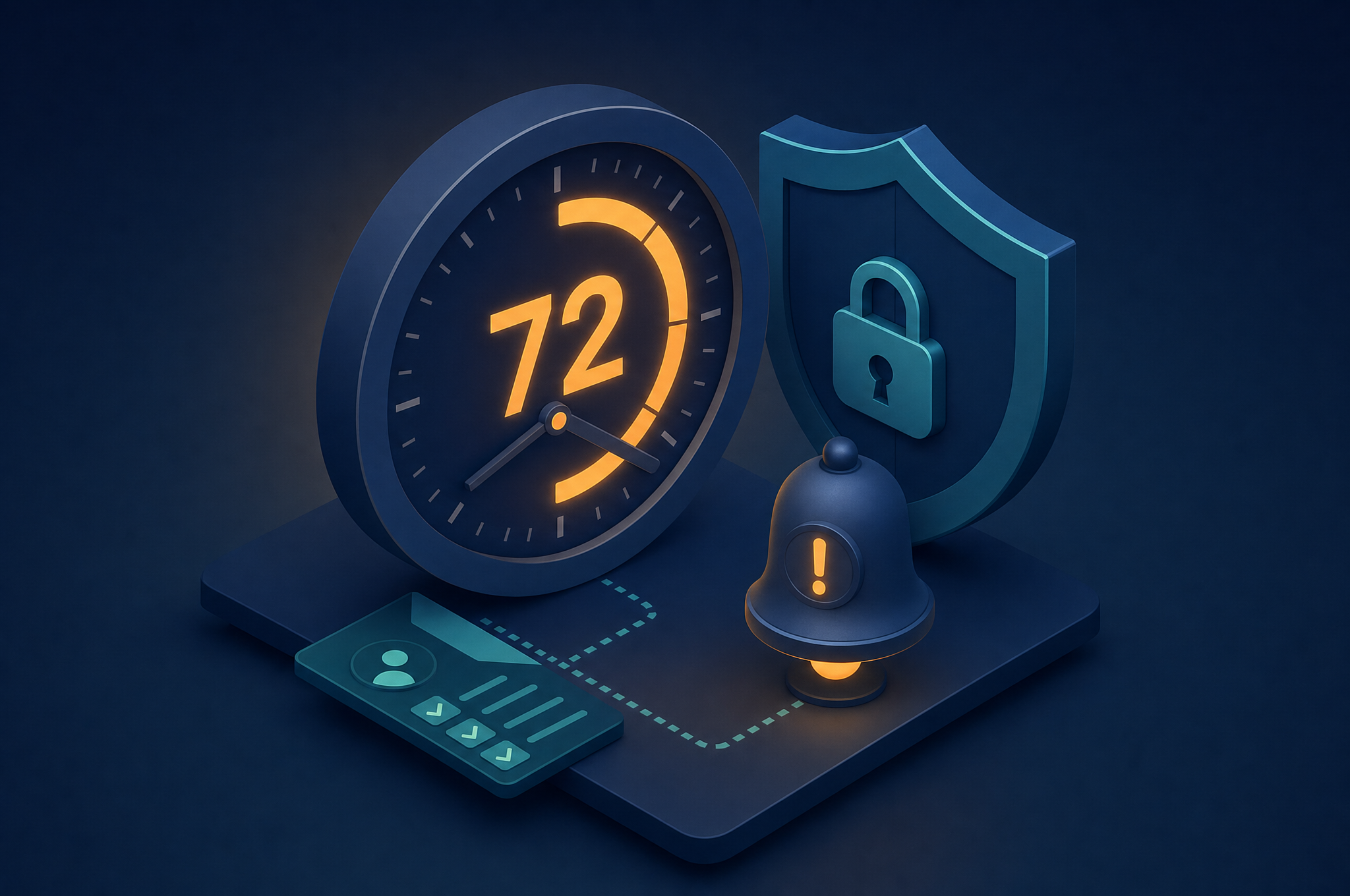 Illustration of a countdown clock beside a shield and an alert bell, representing the time-critical 72-hour breach reporting workflow