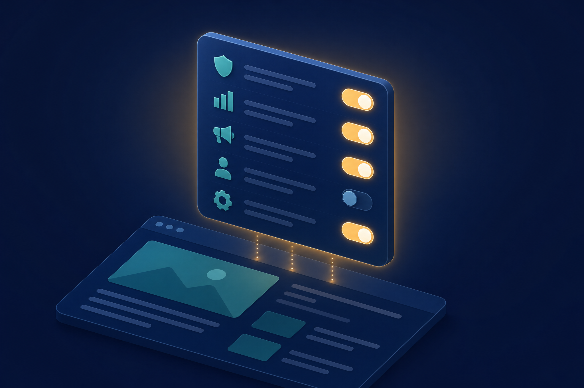 Illustration of a consent banner with glowing per-purpose toggle switches, representing granular cookie and tracker consent capture