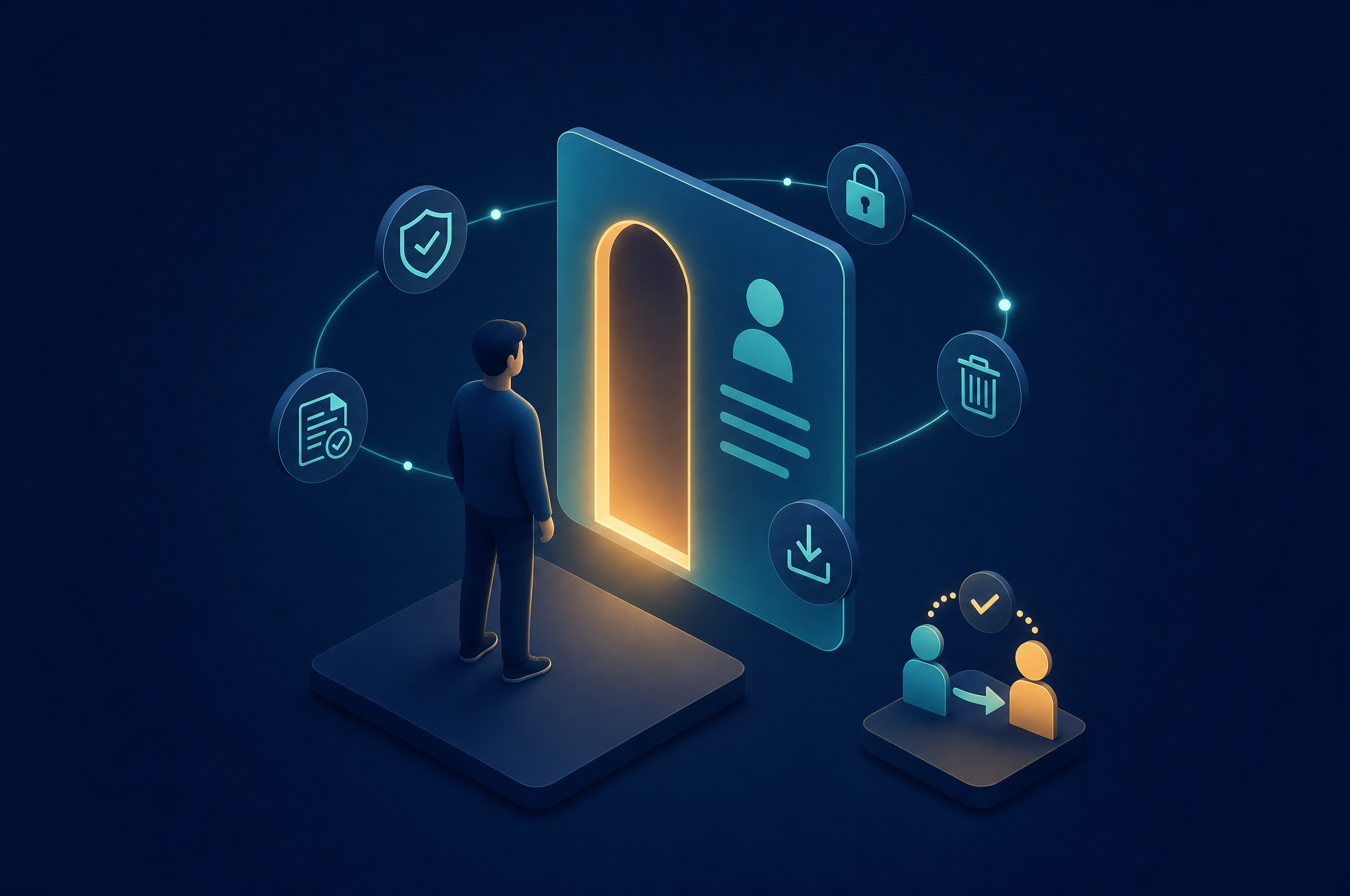 Illustration of a person at a floating portal panel surrounded by consent and rights icons, representing the self-service data-principal rights portal