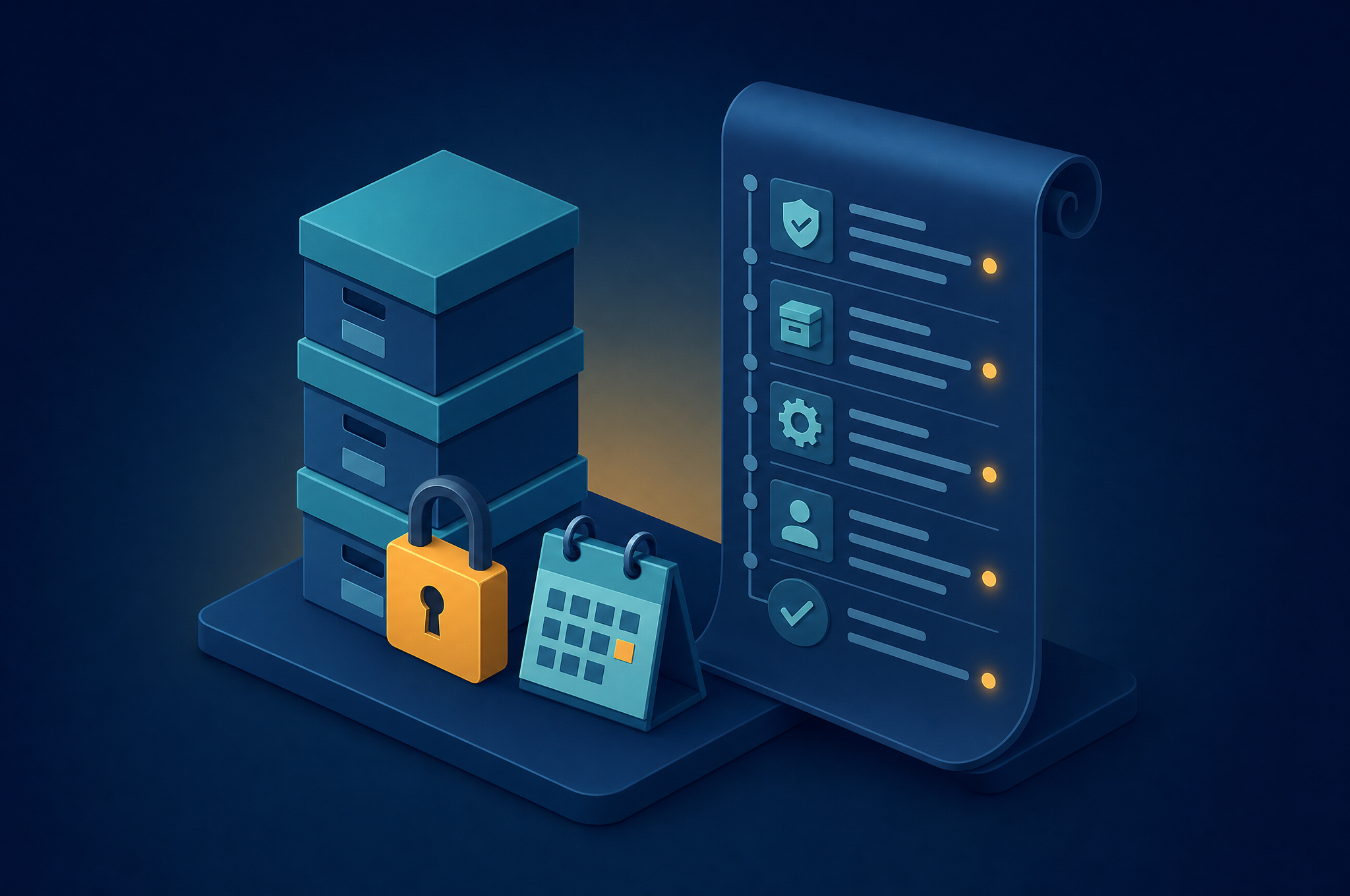 Illustration of archive boxes with a padlock and a scrolling log ledger, representing retention rules and an immutable processing audit trail