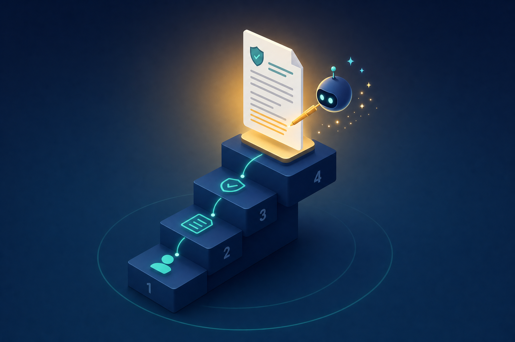 Illustration of a stepped wizard staircase with an AI sparkle drafting a document, representing the AI-guided privacy policy generator