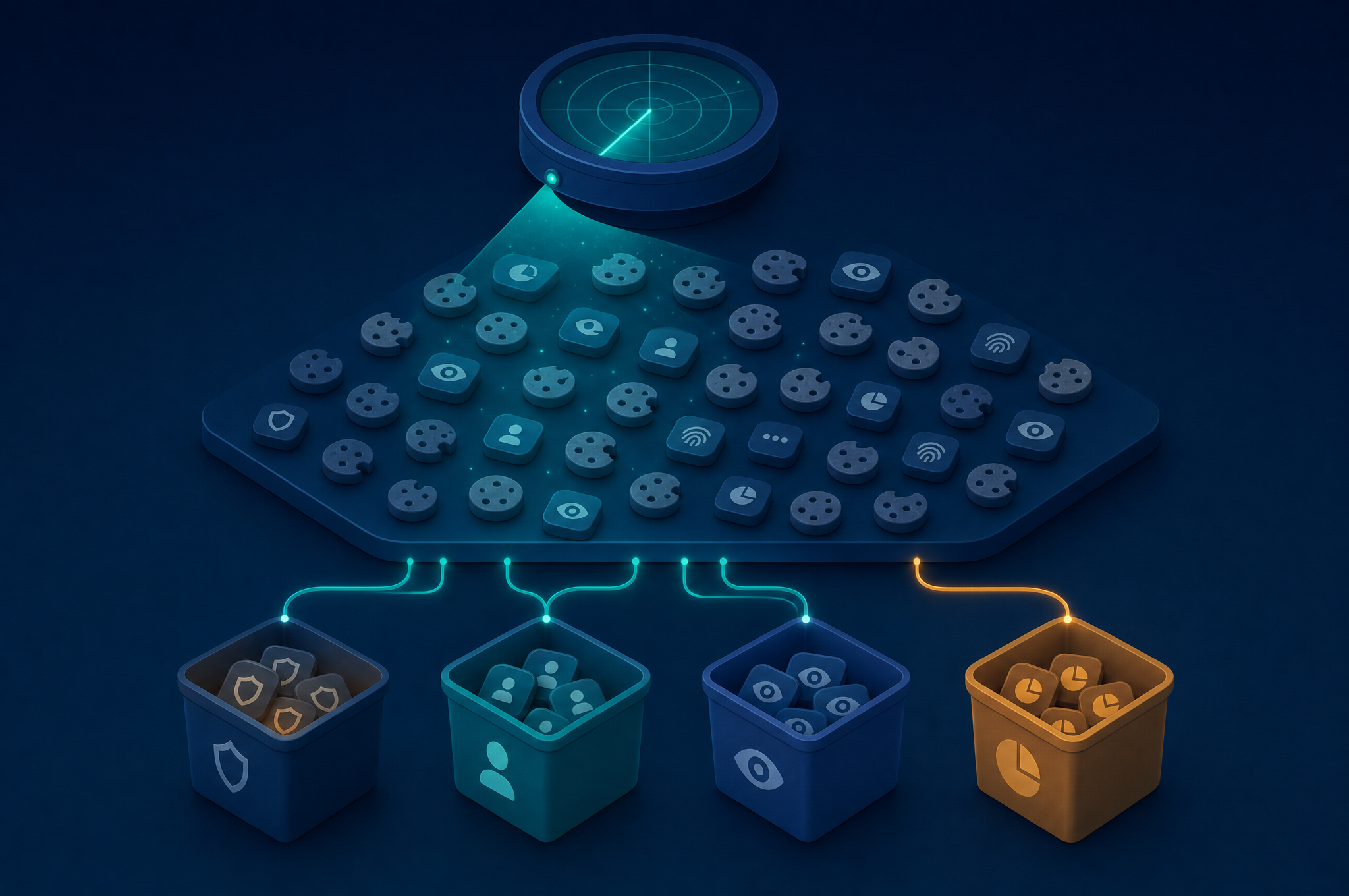 Illustration of a radar beam sweeping over a grid of cookie and tracker icons, sorting them into category bins